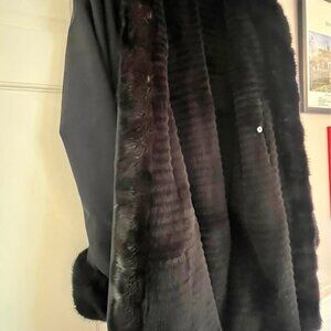 LUXURY Loro Piana Black Coat Storm System Mink Trim Rabbit Lined Large 12